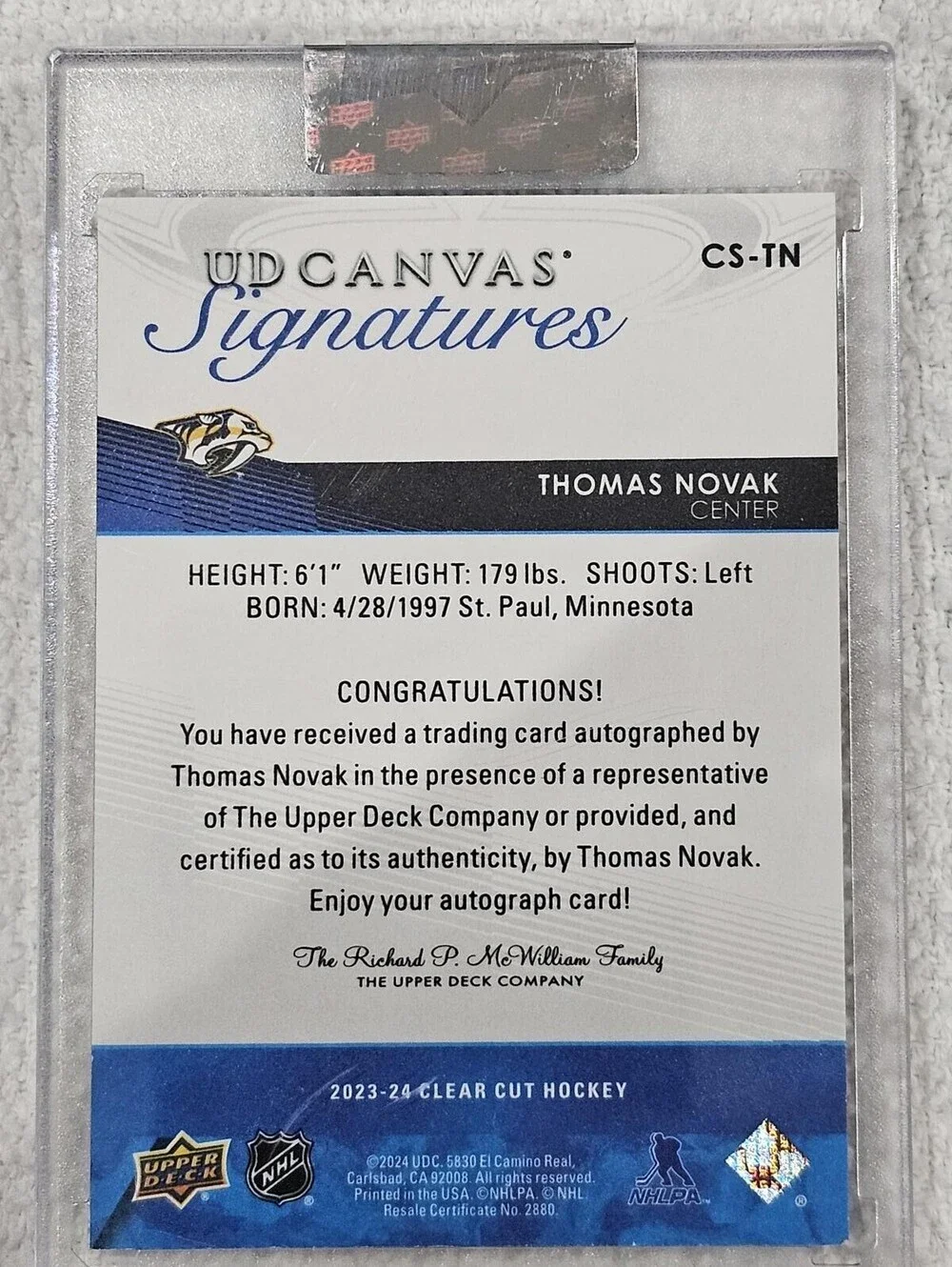 Thomas Novak Nashville Predators UD Canvas Signatures Autographed Hockey Card